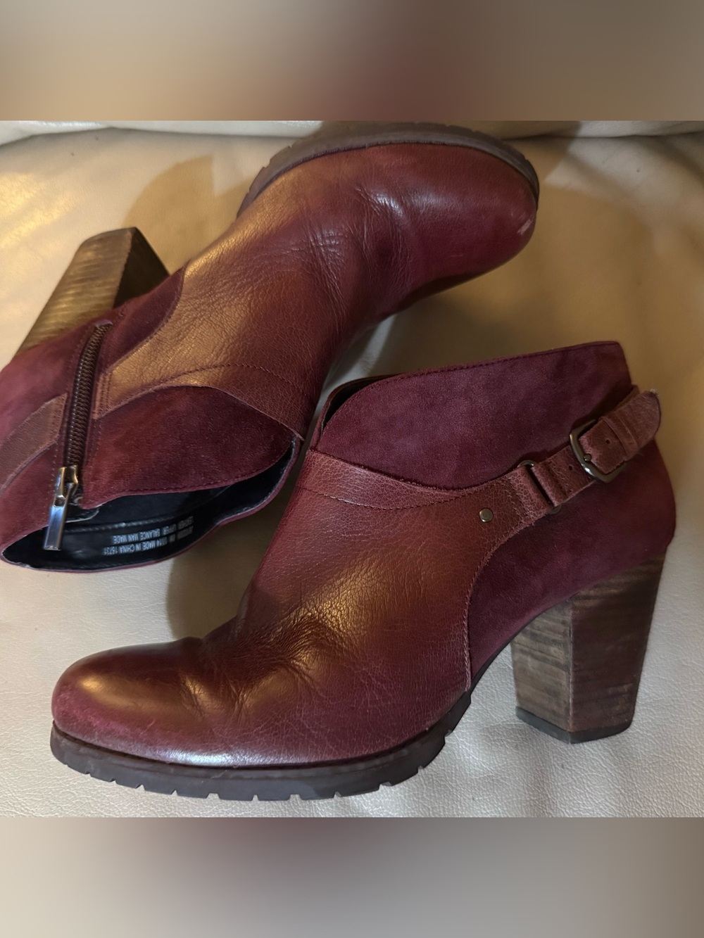 Clarks Burgundy Leather & Suede Block Heel Booties